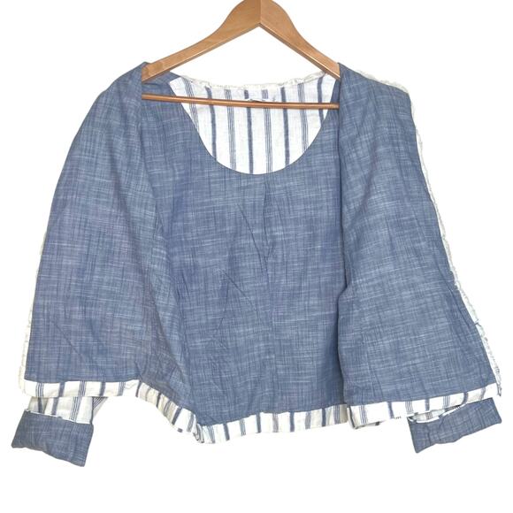 Chico's Size 0 (S/4) Stripe Linen Frayed Open Front Jacket Lined Career Wear - Picture 5 of 12